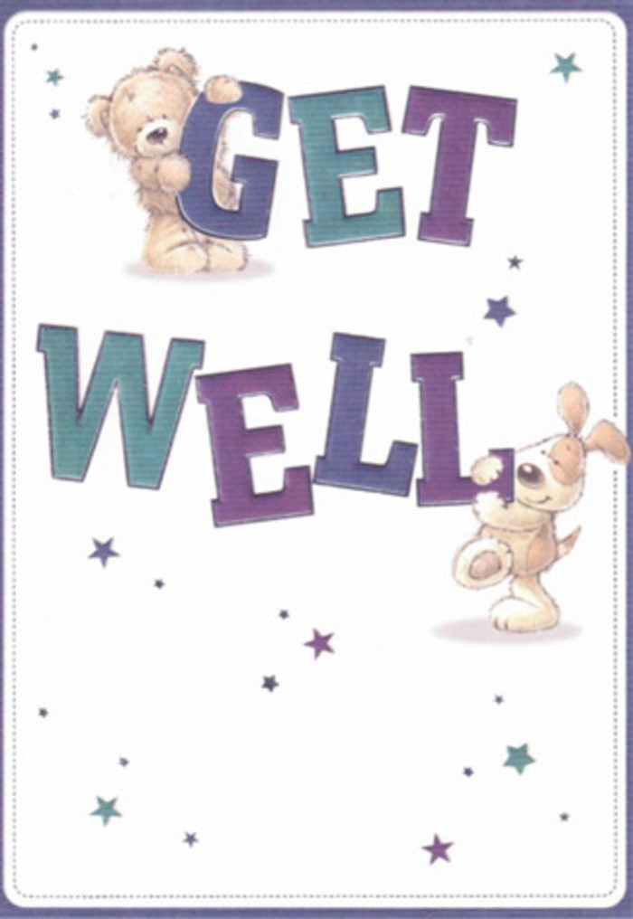 This get well card is illustrated with the same tender care you might find in a thoughtfully hand-tied bouquet delivered to a quiet street in Mortlake. Dominating the design, the phrase GET WELL appears in large, rounded letters with a soft, hand-painted feel, shaded in rich purples, teals, and aquas that shift like evening light on the river. The word GET sits higher, its top edge serving as a playful perch for a sweet teddy bear rendered in warm, golden-brown tones. The bear's fur looks plush and slightly tousled, with soft shading that suggests depth and touchability, while its gentle smile and wide, kind eyes radiate reassurance. Below, the word WELL is anchored by a cheerful puppy whose floppy ears, curved tail, and eager posture convey loyalty and optimism. Its fur, a creamy beige with subtle strokes of darker shading, appears as velvety as a favourite childhood toy. Surrounding the characters and text, tiny stars and starbursts scatter freely across a creamy white backdrop, painted in varying hues of indigo, lavender, and icy blue. These celestial details feel like little wishes floating through the air, similar to petals drifting down in a breeze along Sheen Lane or near Mortlake Green. The clean, uncluttered background allows the colours and expressions to stand out crisply, creating a sense of calm and cleanliness that's especially soothing when someone is unwell. Every detail-the tilt of the puppy's head, the curve of the bear's paws on the lettering, the placement of each star-works together to communicate gentle encouragement, making this card a perfect companion to a vase of fresh, fragrant blooms on a bedside table.