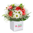 Brimming with uplifting colour and freshness, this striking Mortlake bouquet shines from within a square white gift bag, poised against a radiant white background. The heart of the arrangement features soft coral and peach carnations, pillowy and lush, each frilly petal capturing the gentle glow of a spring afternoon by the Thames. Dotted among them are crisp, white daisies, their vibrant lime-green centres recalling the bright optimism of blossoming gardens near Mortlake station. Wispy clouds of pure white baby's breath meander through the bouquet, casting a sense of delicate movement and innocence. On the left, look for the intrigue of closed, purple-tinged buds-tiny mysteries that signal growth and renewal within the display. Rich, deep green leaves wrap the base, their broad and shiny form providing a cradle for the colourful array while enhancing its sculpted silhouette. Each bloom is arranged with care and artistry, crafting a full, domed bouquet ready to inspire joy: whether to celebrate a birthday, mark an anniversary, or simply brighten someone's doorstep from Westfields Avenue to the leafy banks of the Thames. The elegant white bag with its loyal ribbon handles completes the picture, ready for easy delivery or thoughtful gifting-each detail radiating a sense of Mortlake community pride and local floral tradition.