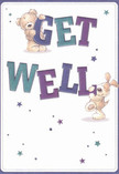 A charming illustrated get well card shows two whimsical friends-a cuddly teddy bear and a floppy-eared puppy-teaming up to deliver a heartfelt message, much like a thoughtful bouquet arriving at a doorstep in Mortlake. The bear, soft and round with warm brown fur and a shy, hopeful smile, leans over the top of the large word GET, its paws resting playfully on the indigo and teal letters. Below, the puppy balances beside the bold word WELL, its velvety ears flopping forward, nose lifted as if sniffing for comfort and reassurance. The letters themselves are chunky and friendly, shaded in rich purples, aquas, and teals that echo the tones of a dusk sky over the Thames. Around the characters and wording, small starbursts and scatterings of stars in blues, violets, and soft lavender sprinkle the clean cream background, like tiny wishes drifting over local gardens near Mortlake Green. The background is crisp and uncluttered, giving the artwork a feeling of light, fresh air-the same clarity you sense when a vase of fresh flowers brightens a bedside table. The gentle textures of the fur are subtly drawn, inviting the imagination to feel their plush, comforting softness. Every element, from the curve of the letters to the tilt of each character's head, expresses encouragement without being overwhelming. This is a card that visually wraps the recipient in kindness, perfect to accompany a bright, soothing bouquet sent to someone recovering at home or in hospital not far from the heart of Mortlake.